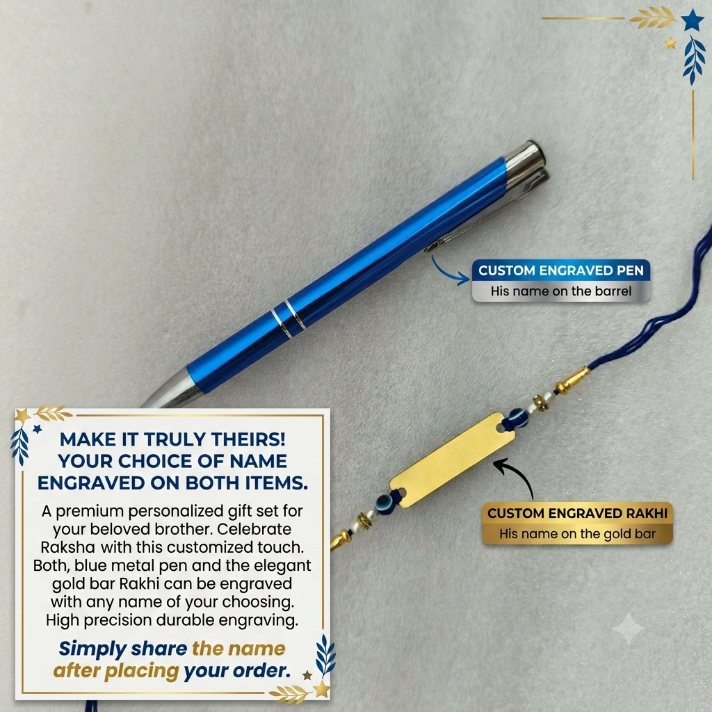 Personalized Gold-Plated Name Rakhi & Engraved Blue Metal Pen Combo Set | Custom Name in 10+ Indian Languages