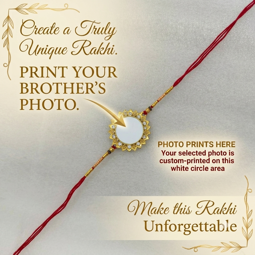 Personalized Photo Rakhi for Brother – Custom Gold Floral Frame Thread