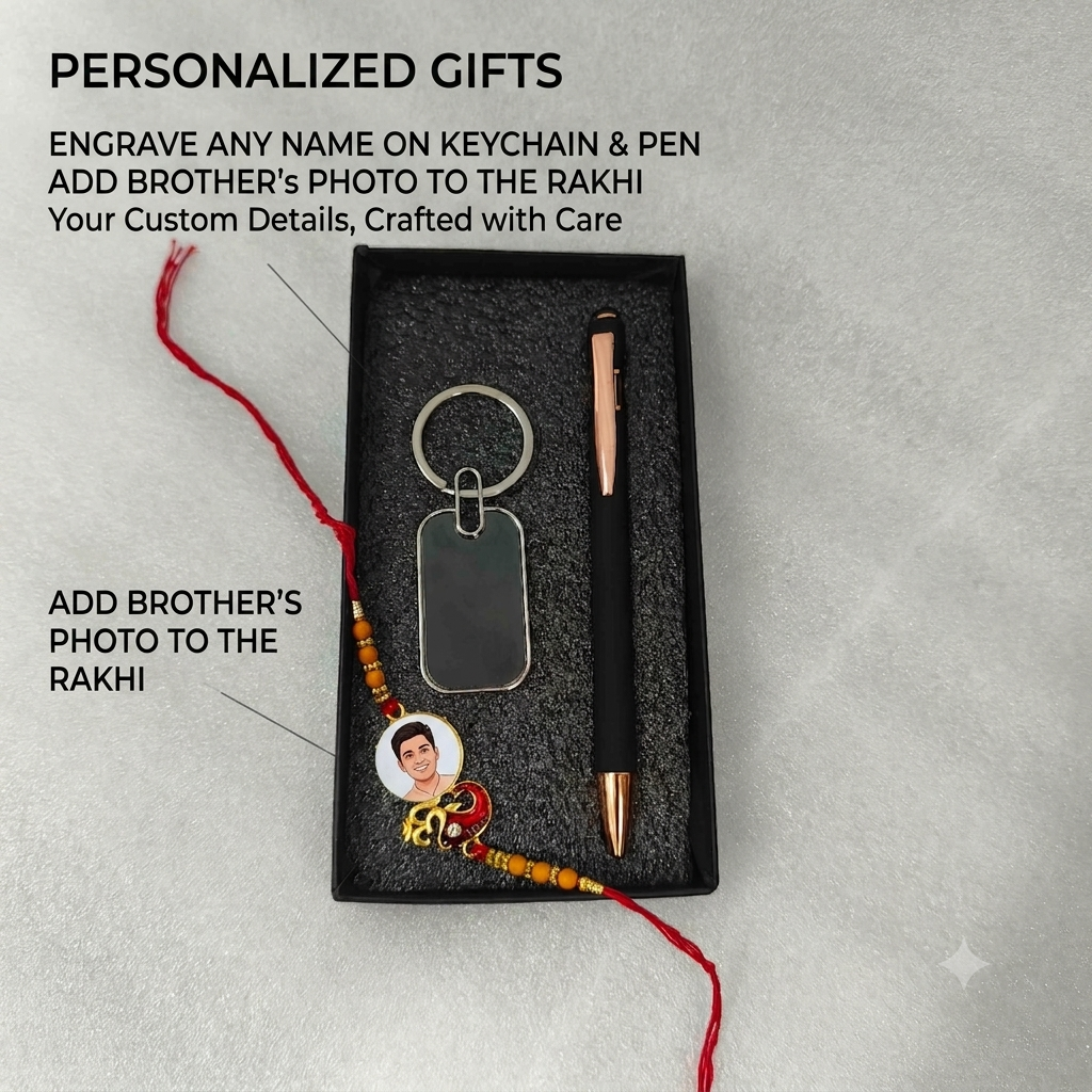 Personalized Rakhi Gift Set for Brother – Custom Photo Rakhi with Engraved Metallic Pen & Keychain Combo