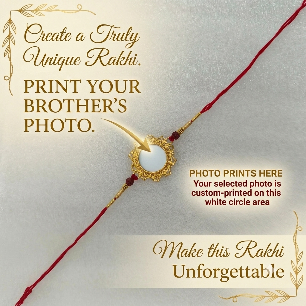 Customized Picture Print Rakhi for Brother – Elegant Intricate Gold Filigree Centerpiece