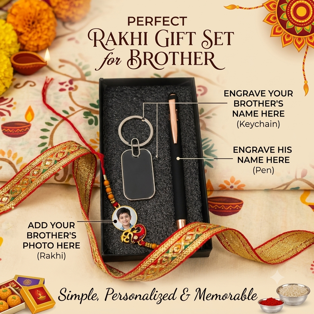 Personalized Rakhi Gift Set for Brother – Custom Photo Rakhi with Engraved Metallic Pen & Keychain Combo