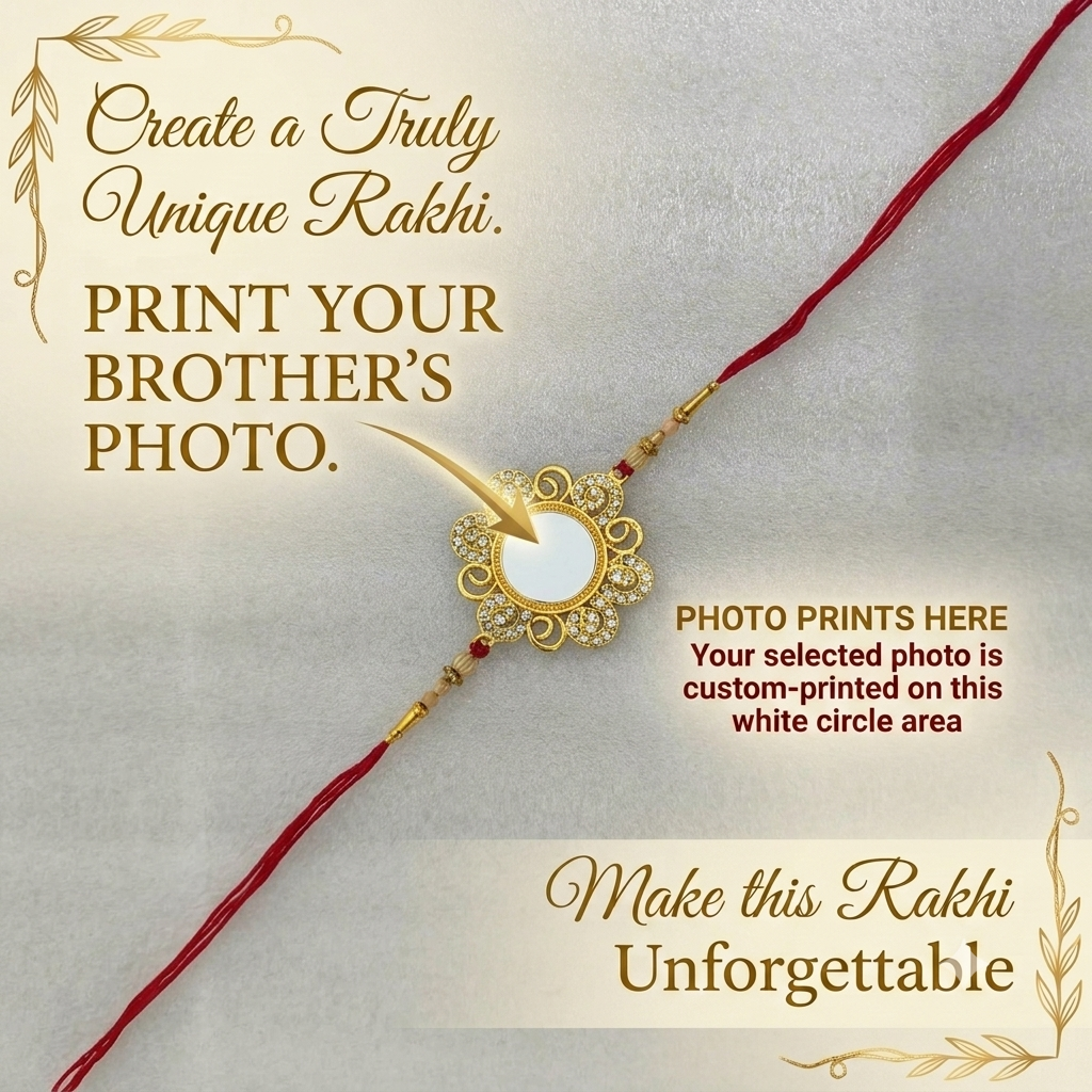 Custom Photo Print Rakhi – Gold Swirl & Stone Frame for Brother