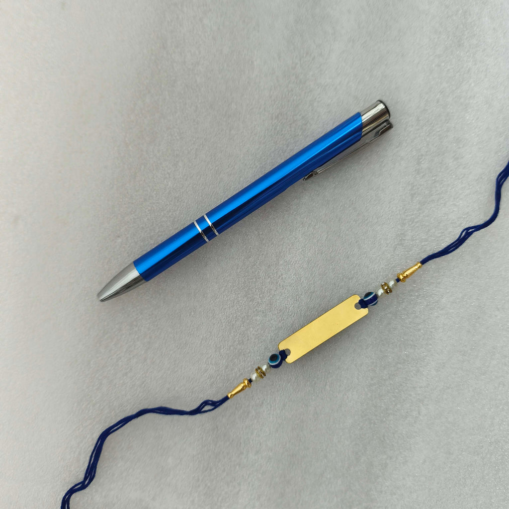 Personalized Gold-Plated Name Rakhi & Engraved Blue Metal Pen Combo Set | Custom Name in 10+ Indian Languages