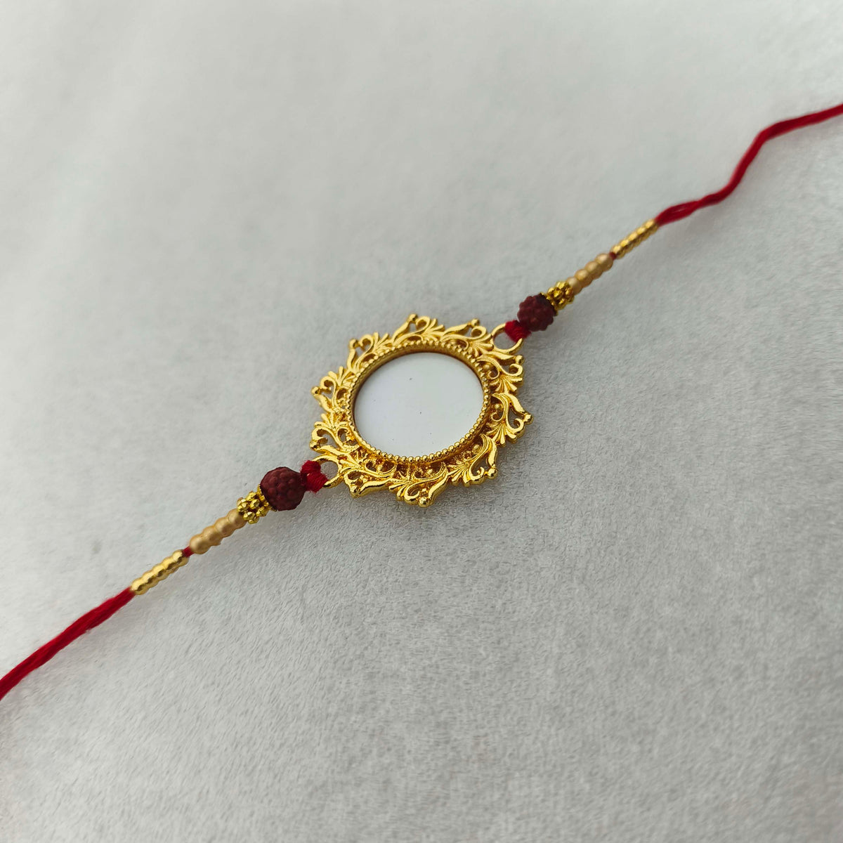Customized Picture Print Rakhi for Brother – Elegant Intricate Gold Filigree Centerpiece