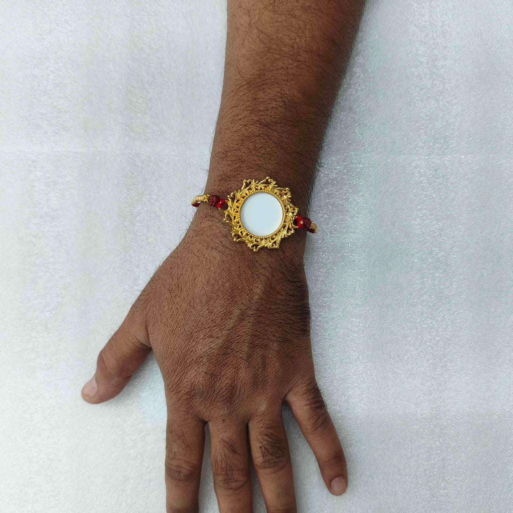 Customized Picture Print Rakhi for Brother – Elegant Intricate Gold Filigree Centerpiece