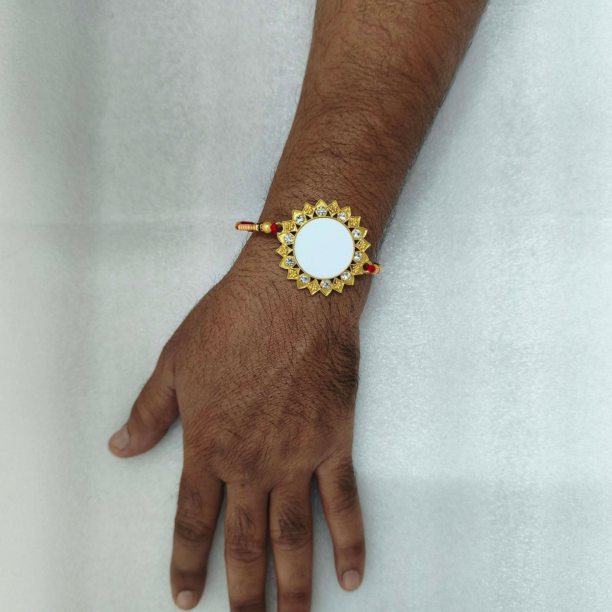 Personalized Photo Rakhi for Brother – Custom Gold Floral Frame Thread