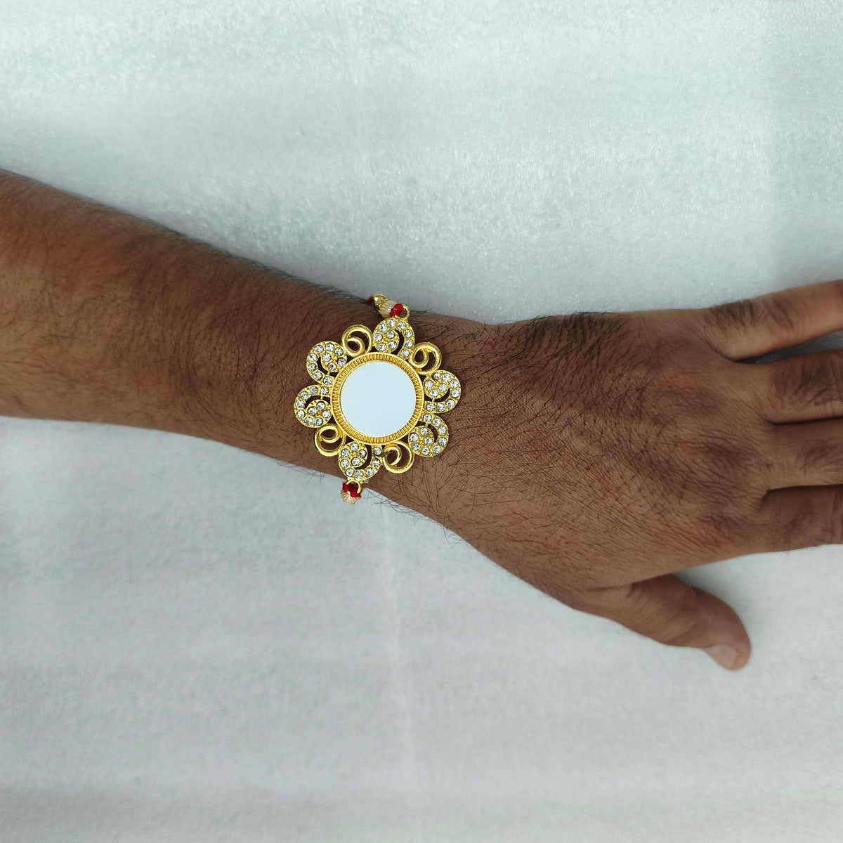 Custom Photo Print Rakhi – Gold Swirl & Stone Frame for Brother