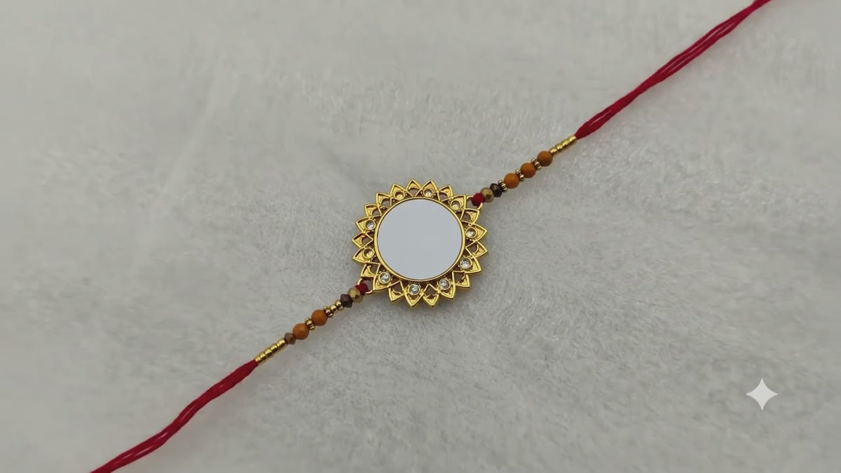 Customized Picture Print Rakhi for Brother – Elegant Intricate Gold Filigree Centerpiece